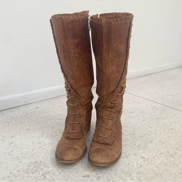 Anthropologie Distressed Leather Riding Boots Lace Ruffle Brown 6 1/2 (defect) - Picture 4 of 14